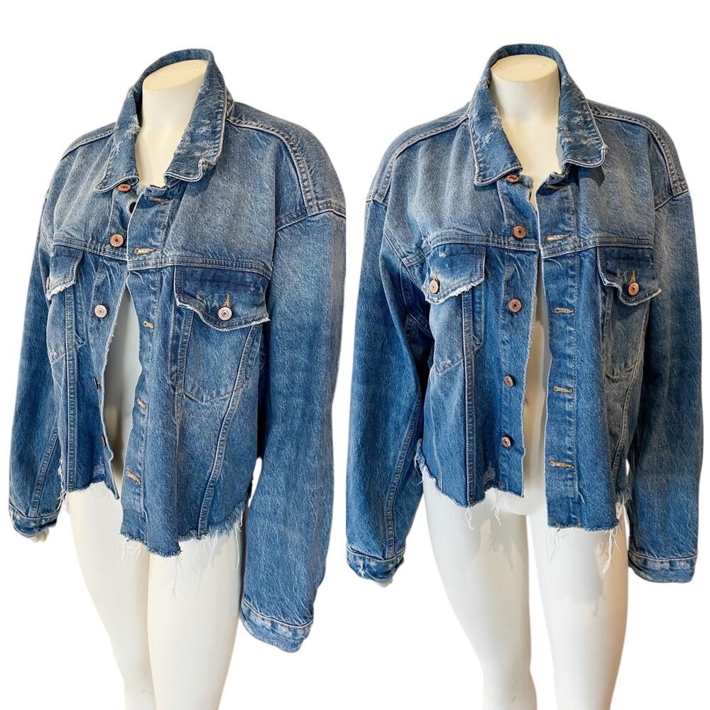 Free People Amelia Medium Wash Slouchy Trucker Denim Jacket Raw Hem - Picture 1 of 12
